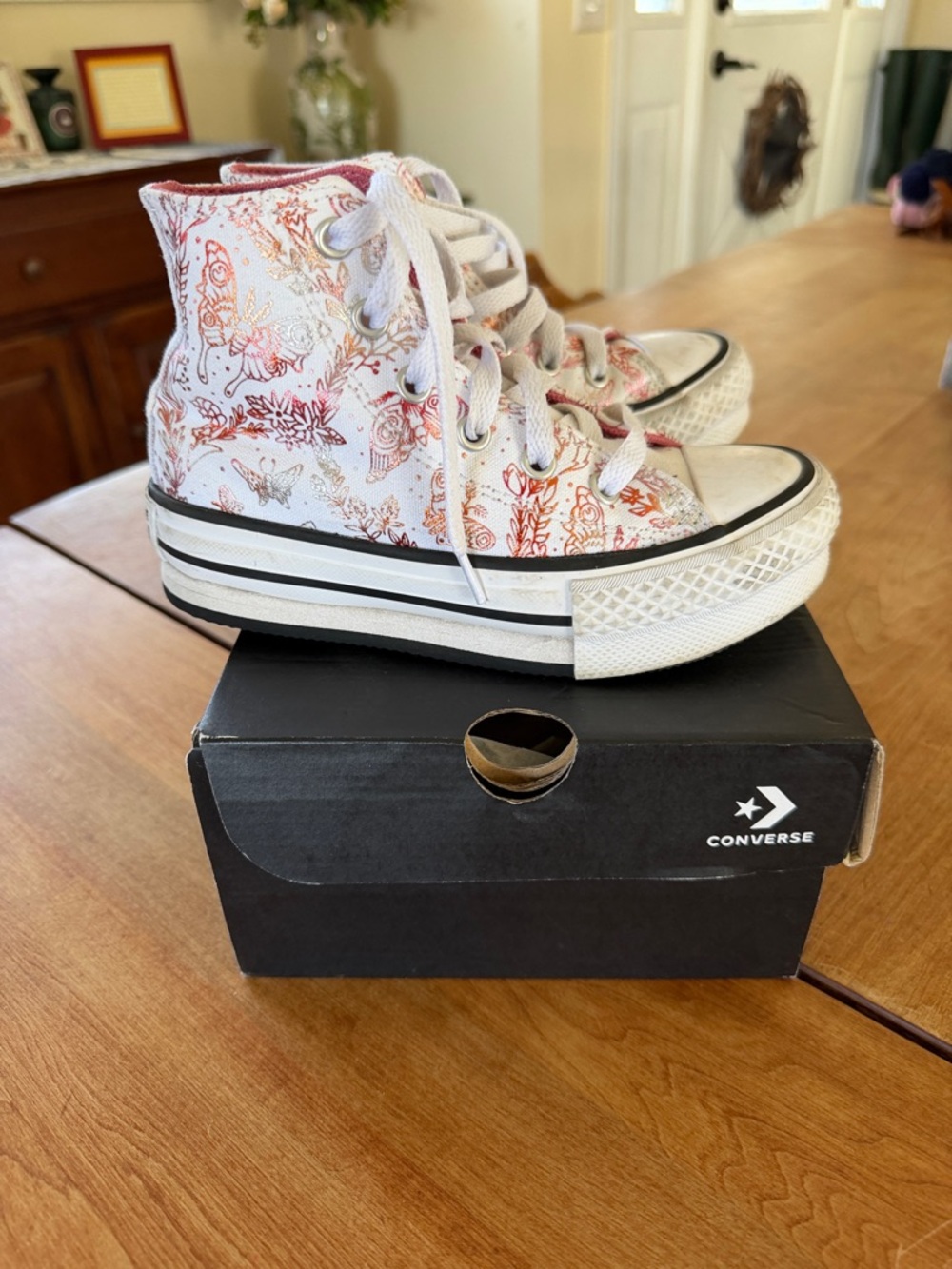 Converse White High Top Sneakers with Coral and Pink Butterfly and Floral Print